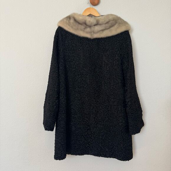 Vintage black curly Persian lamb fur coat genuine fur collar Max Zeller L-XL - Picture 5 of 10